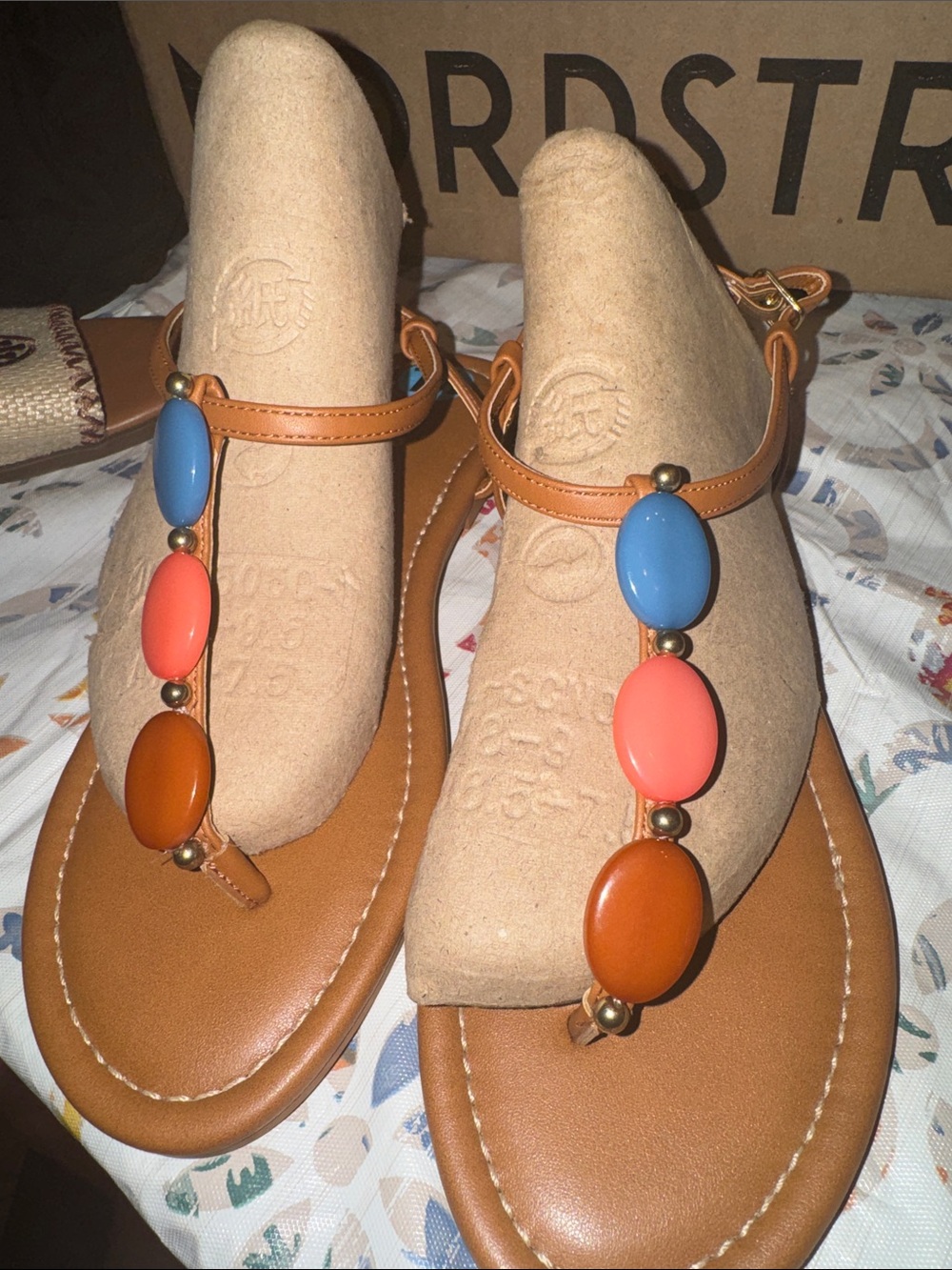 Madden Girl Tan Pebble Sandals with Blue and Coral Bead Accents NEW